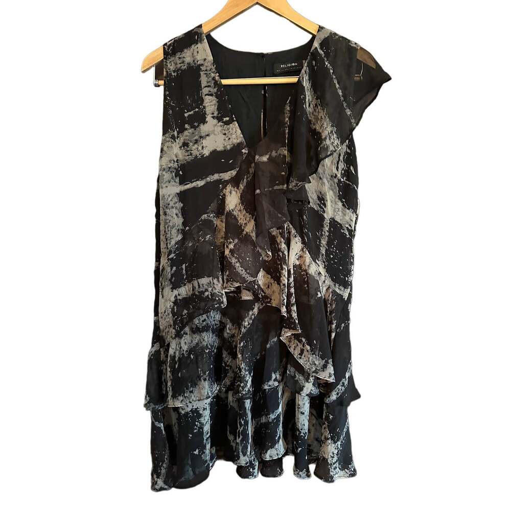 RELIGION LONDON | Black Tie Dye Ruffle V Neck Dress | UK Size Medium / 12 / 40
